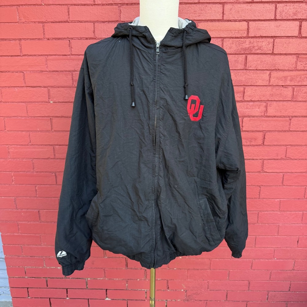 Majestic Oklahoma Sooners NCAA Mens XXL Black Full Zip Hooded Windbreaker‎
